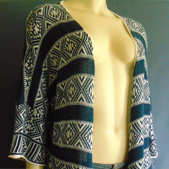 Velvet by Graham & Spencer Navy White Cotton Linen Fringed Open Kimono Jacket M - Picture 3 of 9
